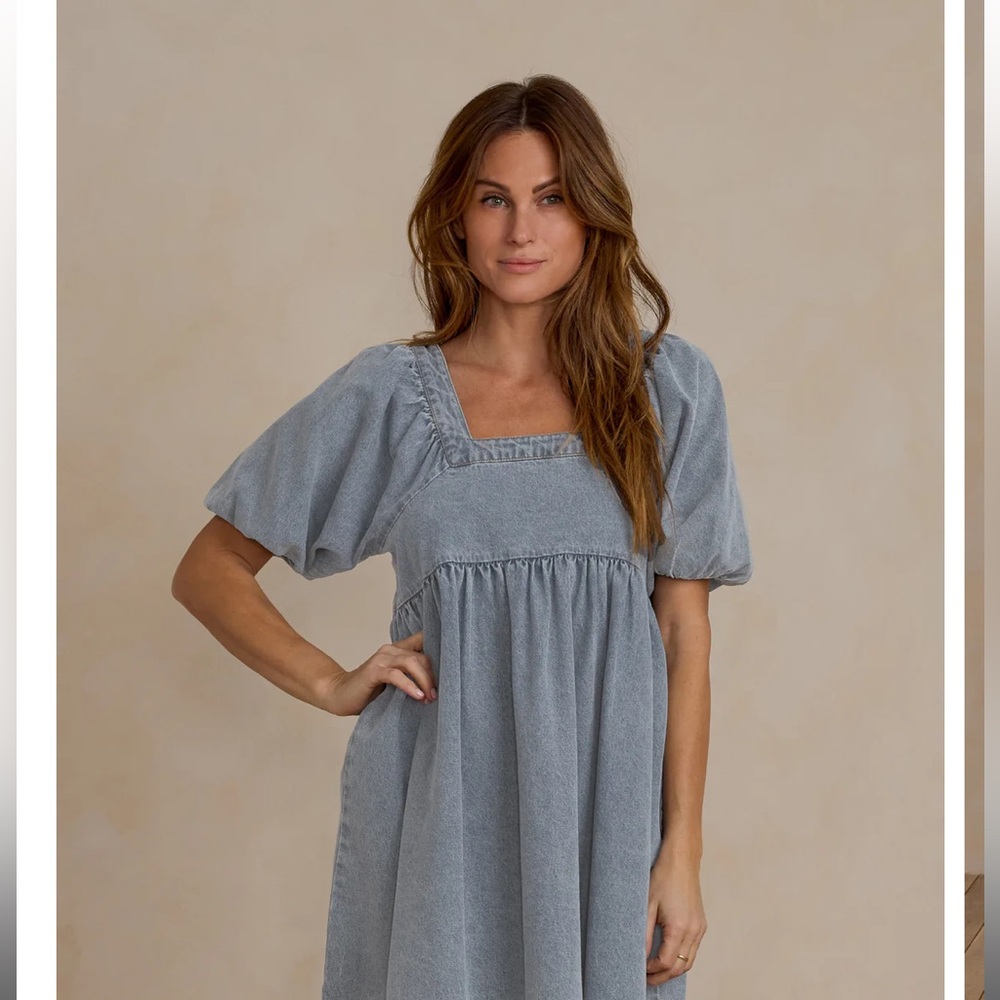 Rylee + Cru Blue Smocked Puff Sleeve Square Neck Sundress